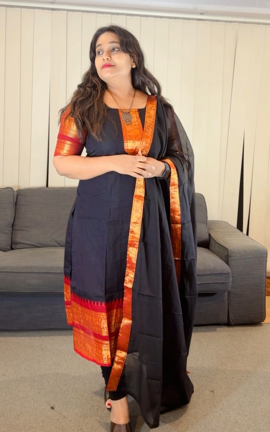 Elegant Black Anarkali with Red Accents - Image 2