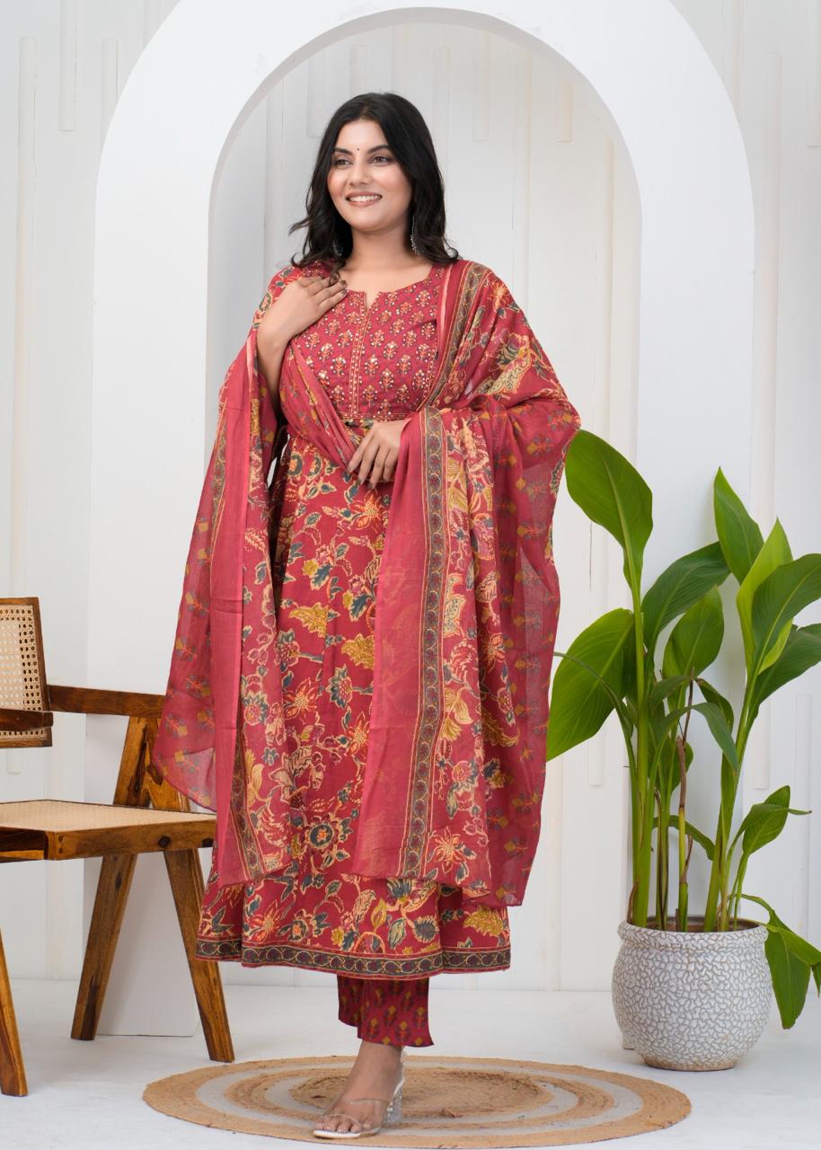 Ruby Blossom Printed & Embroidered Kurta Set - Image 2