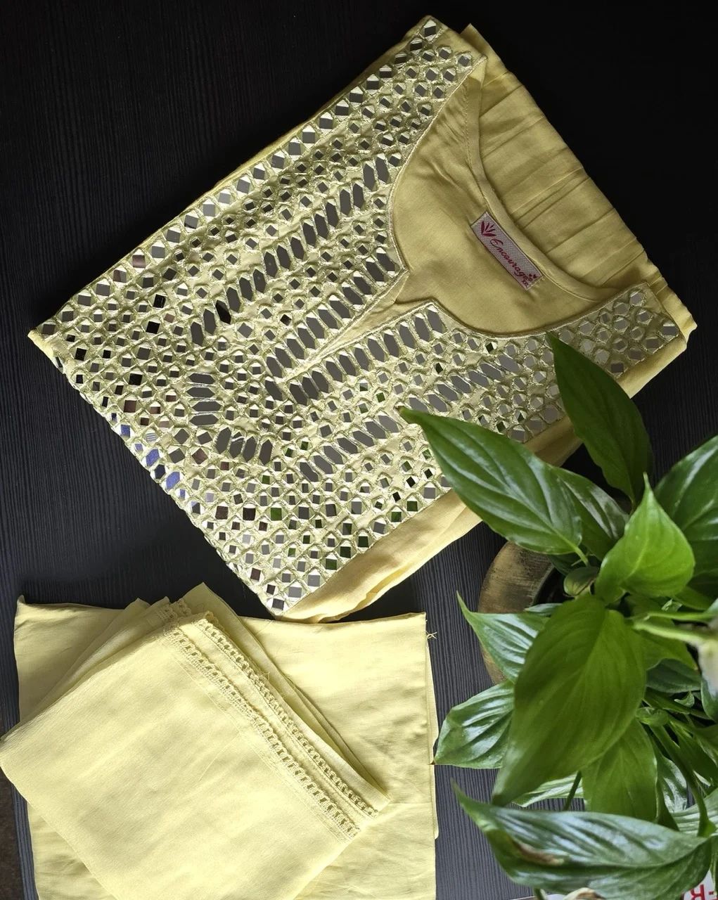 Bright Yellow Naira Cut Kurta with Mirror Work - Image 3