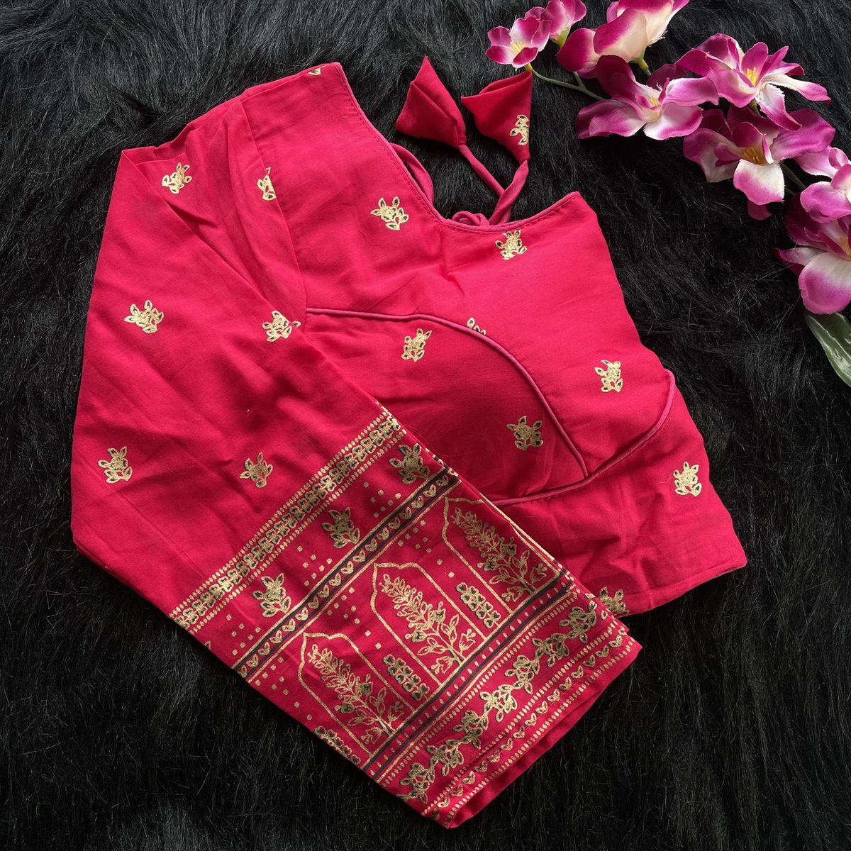 Pure Cotton Foil Print Designer Blouse in Raspberry Pink