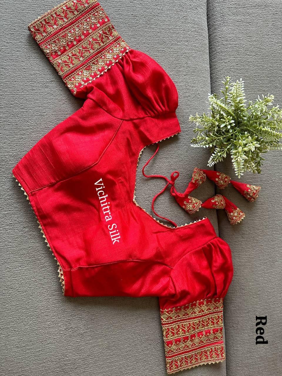 Vibrant Red Vichitra Silk Readymade Blouse with Gold Embroidery
