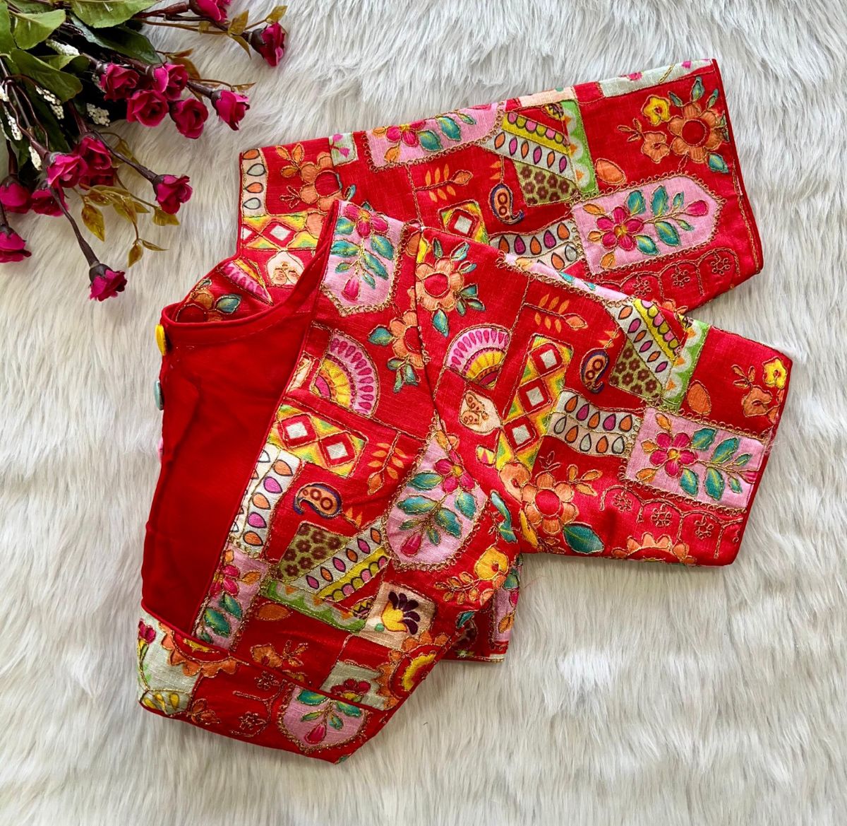 Red Embroidered Patchwork Readymade Blouse - Image 3