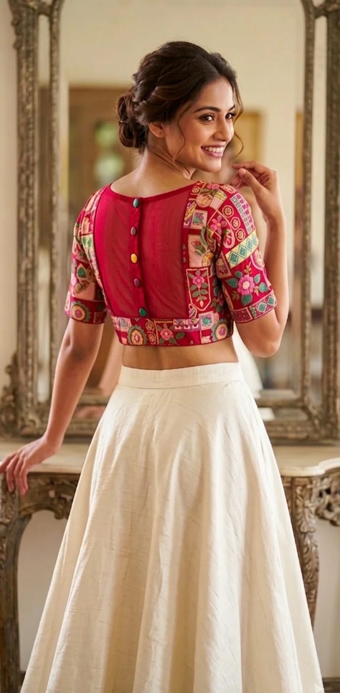 Red Embroidered Patchwork Readymade Blouse - Image 2