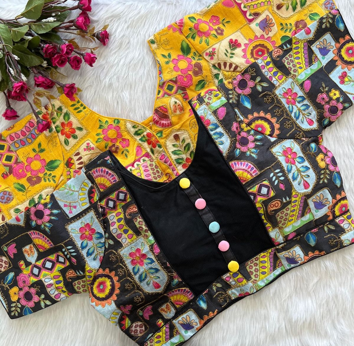 Black Embroidered Patchwork Readymade Blouse - Image 3
