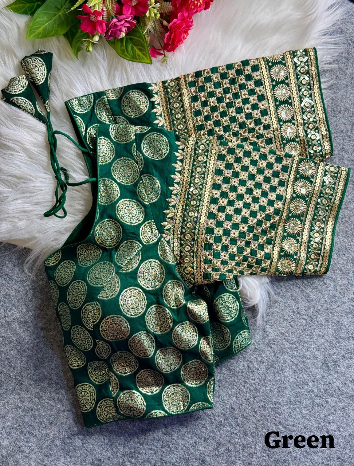 Elegant Green Dola Silk Blouse with Dual Weave & Sequin Embroidery - Image 2