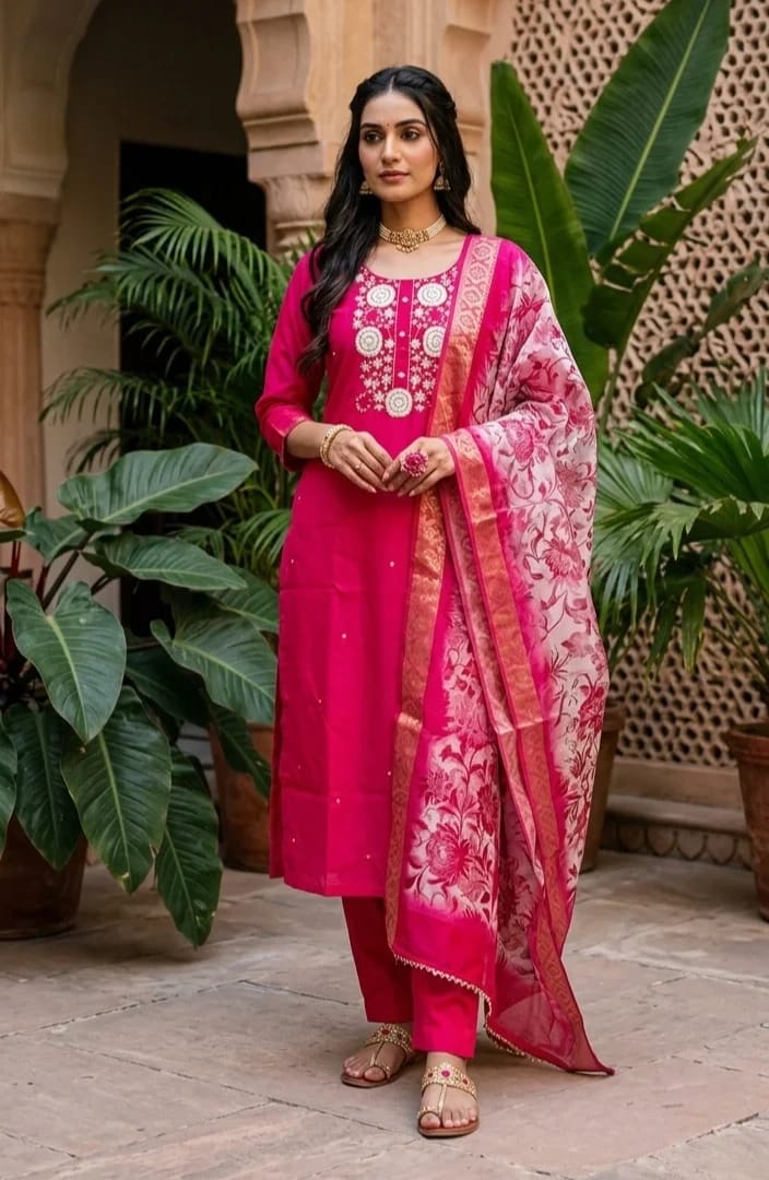 Vibrant Fuchsia Pink Suit with Embroidered Neckline - Image 2