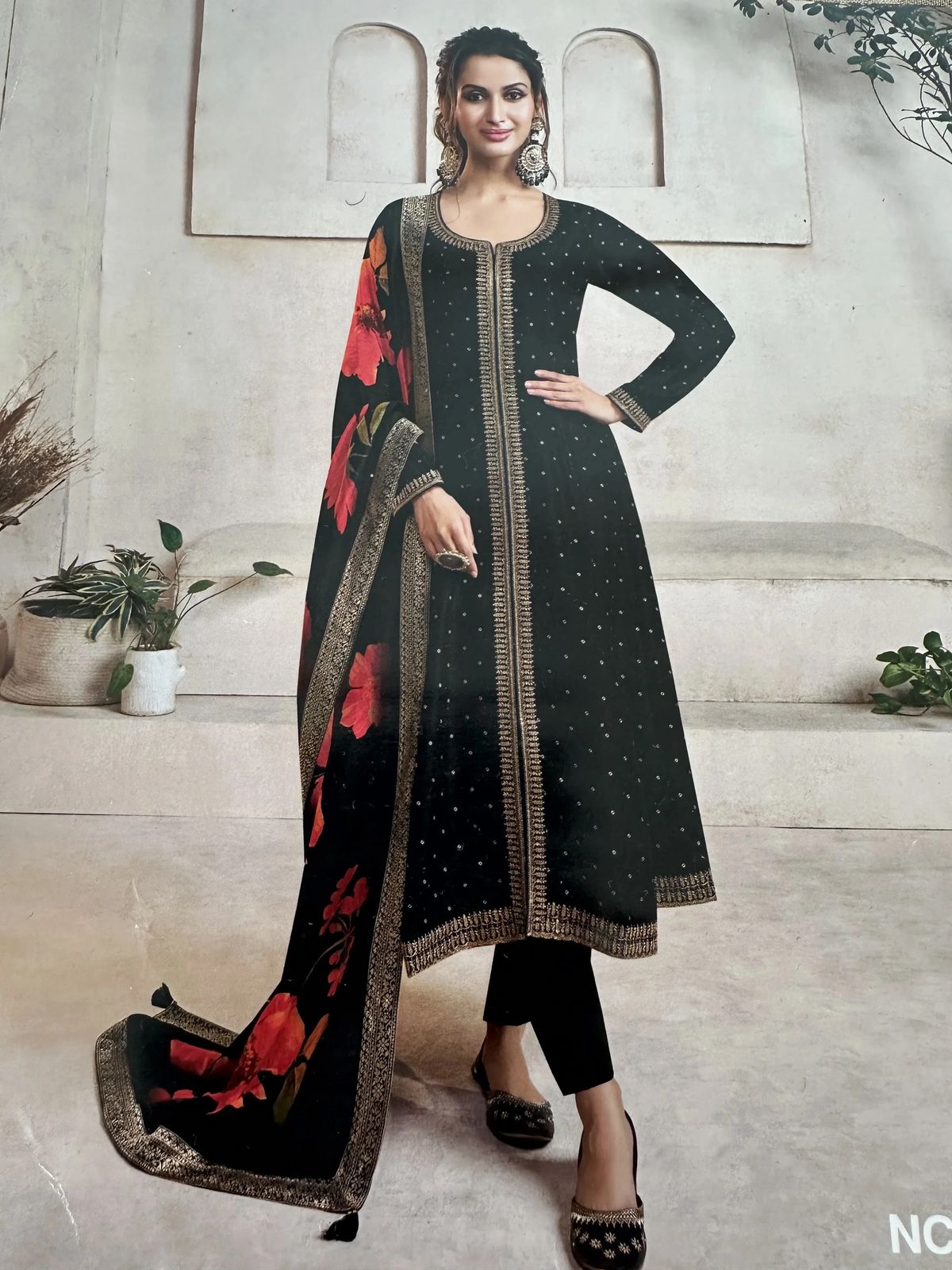  Black Embroidered Anarkali Suit with Floral Dupatta