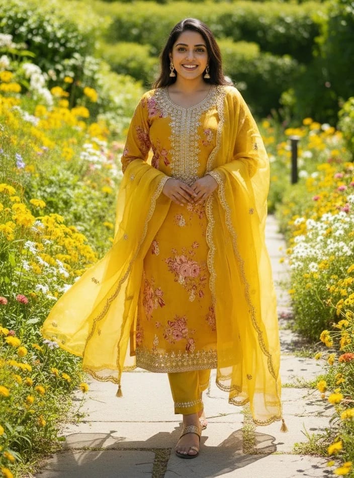  Mustard Yellow Embroidered Salwar Suit - Image 2