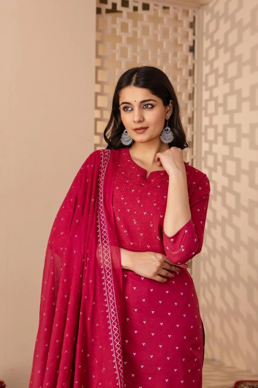 Maroon Embroidered Cotton Salwar Suit