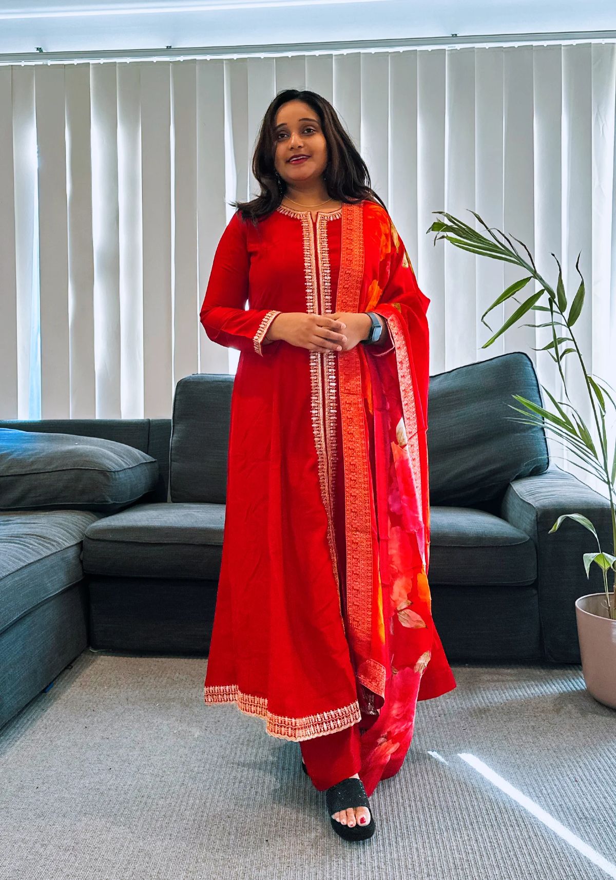  Red Anarkali Salwar Suit with Printed Dupatta - Image 2