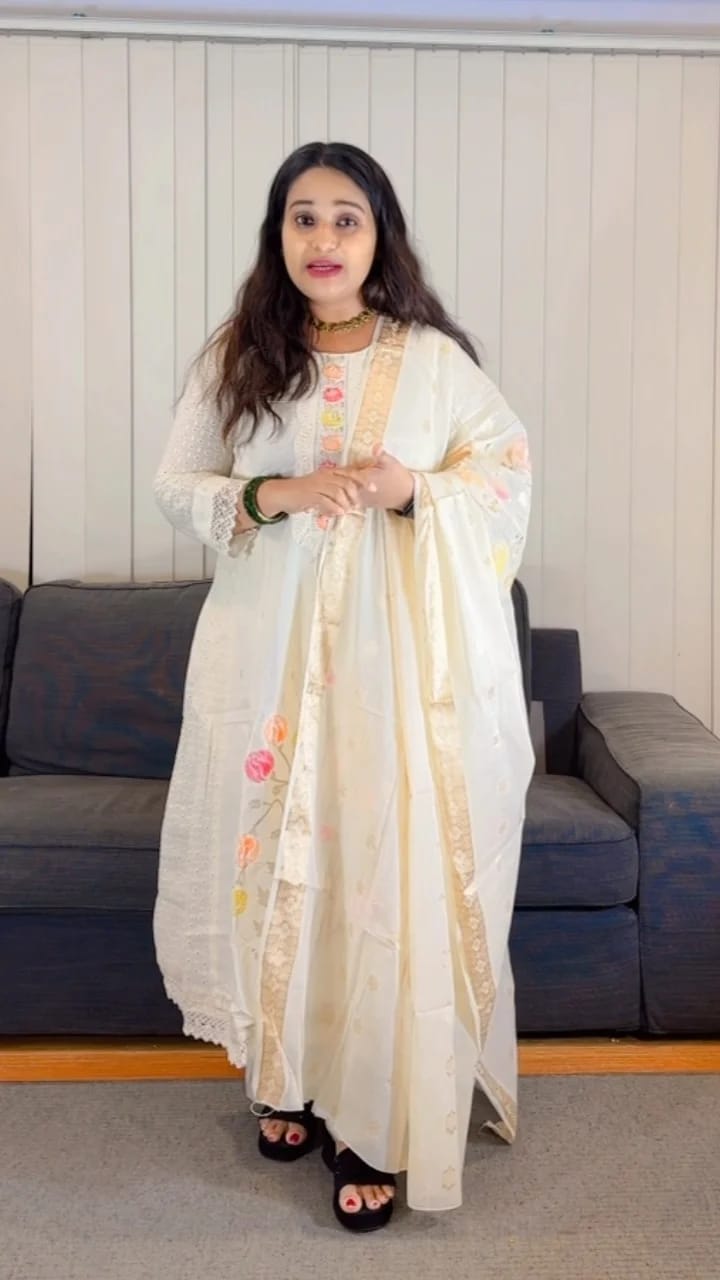 White Floral Embroidered Salwar Suit with Sheer Sleeves - Image 3