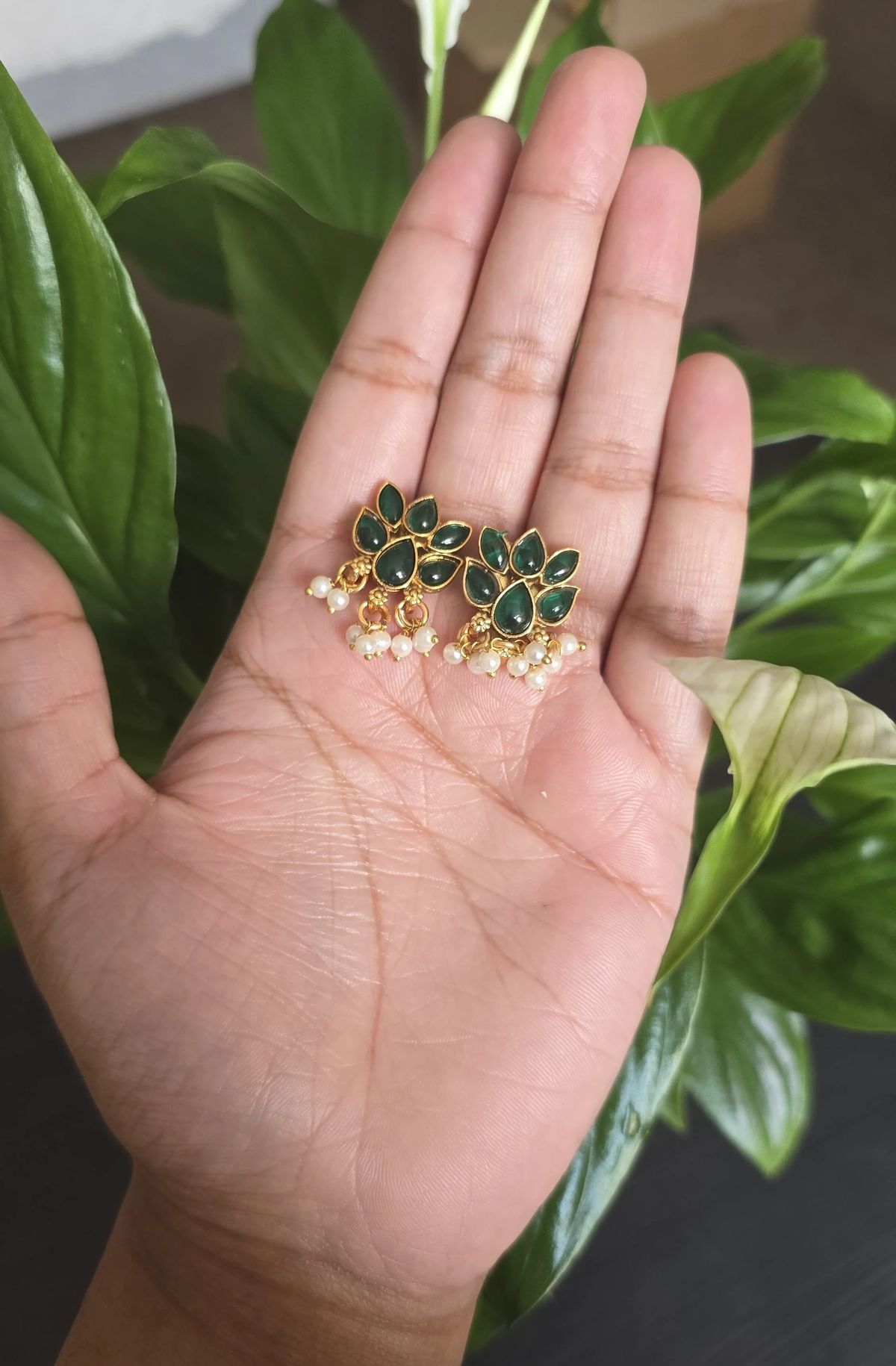 Emerald Green Floral Necklace with Pearl Drops - Image 2