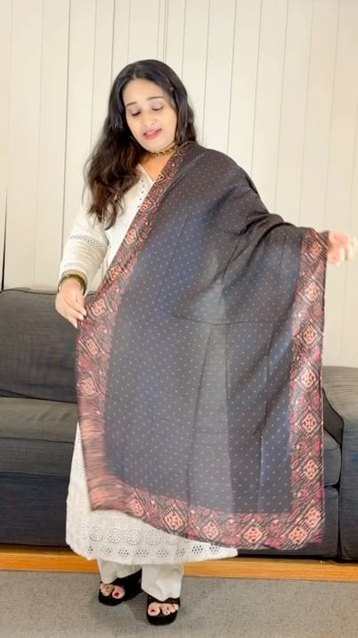 White Chikankari Salwar with Black and Red Printed Dupatta - Image 4