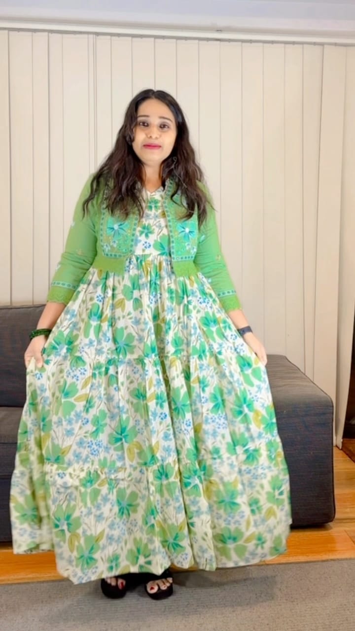 Green Floral Printed Maxi Dress with Matching Jacket - Image 3