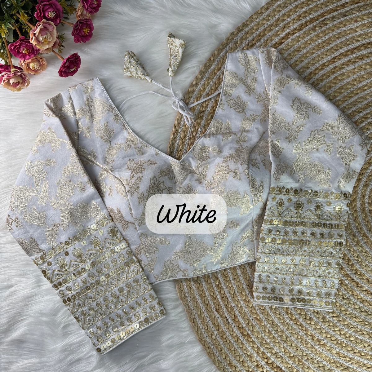 White and Gold Brocade Blouse with Sequin Embellished Sleeves