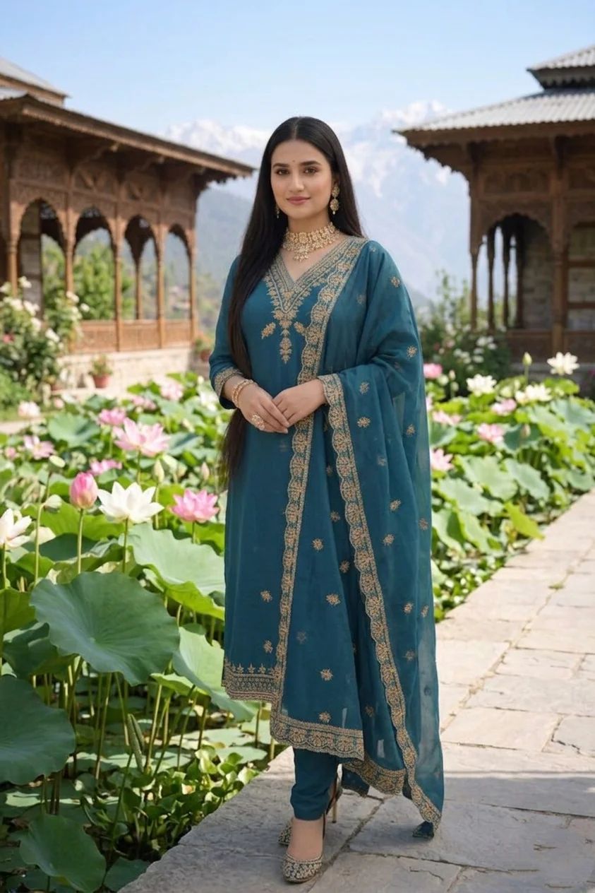  Teal Kurta with Gold Embroidered Yoke - Image 3