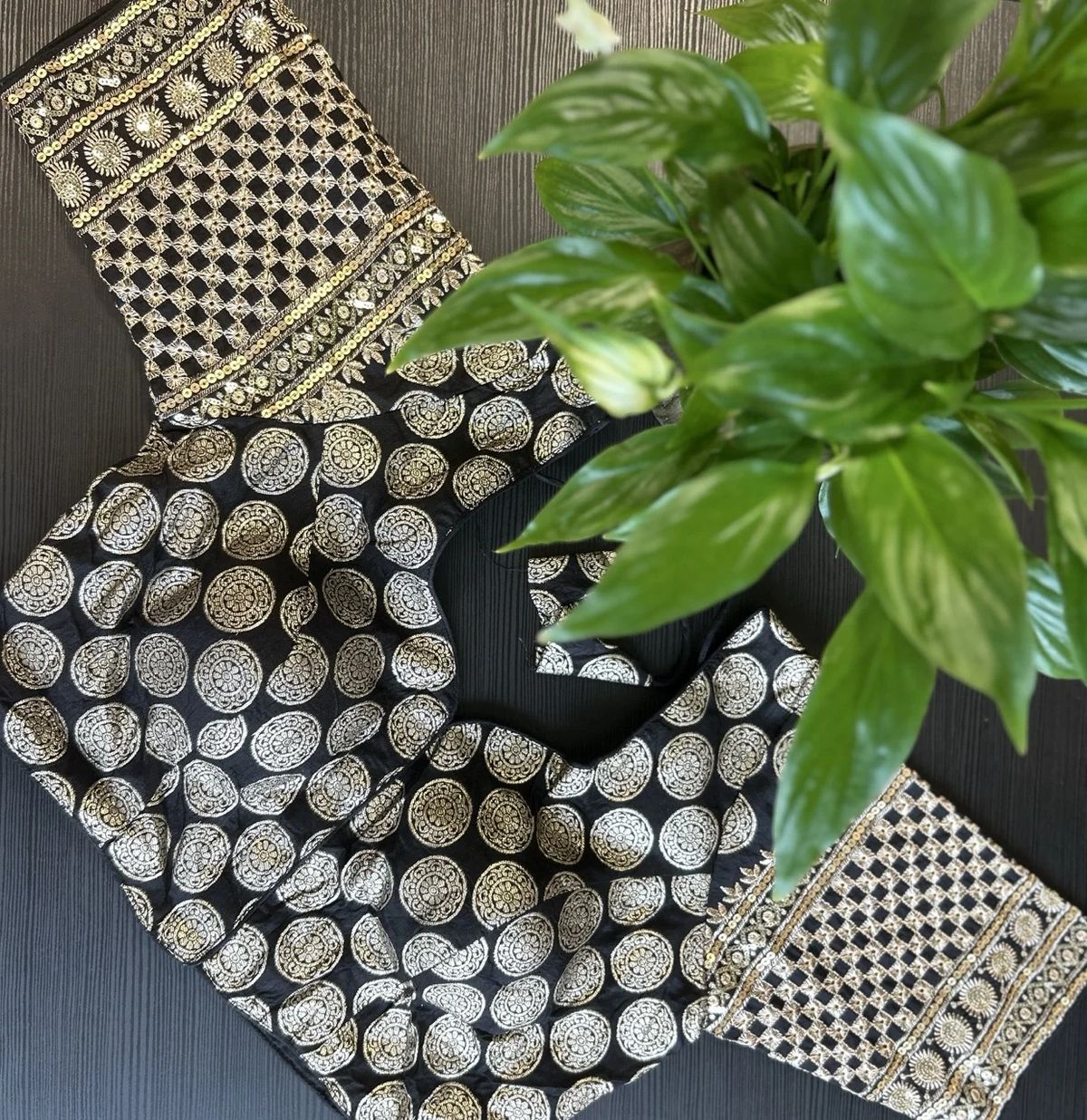 Black and Gold Printed Blouse with Embroidered Sleeves - Image 2