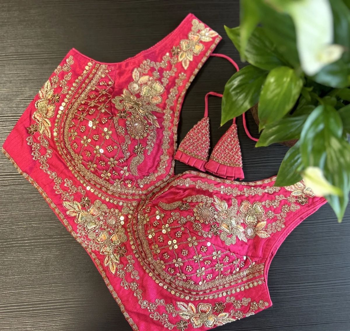  Hot Pink Heavily Embellished Blouse with Zari and Sequin Work - Image 2
