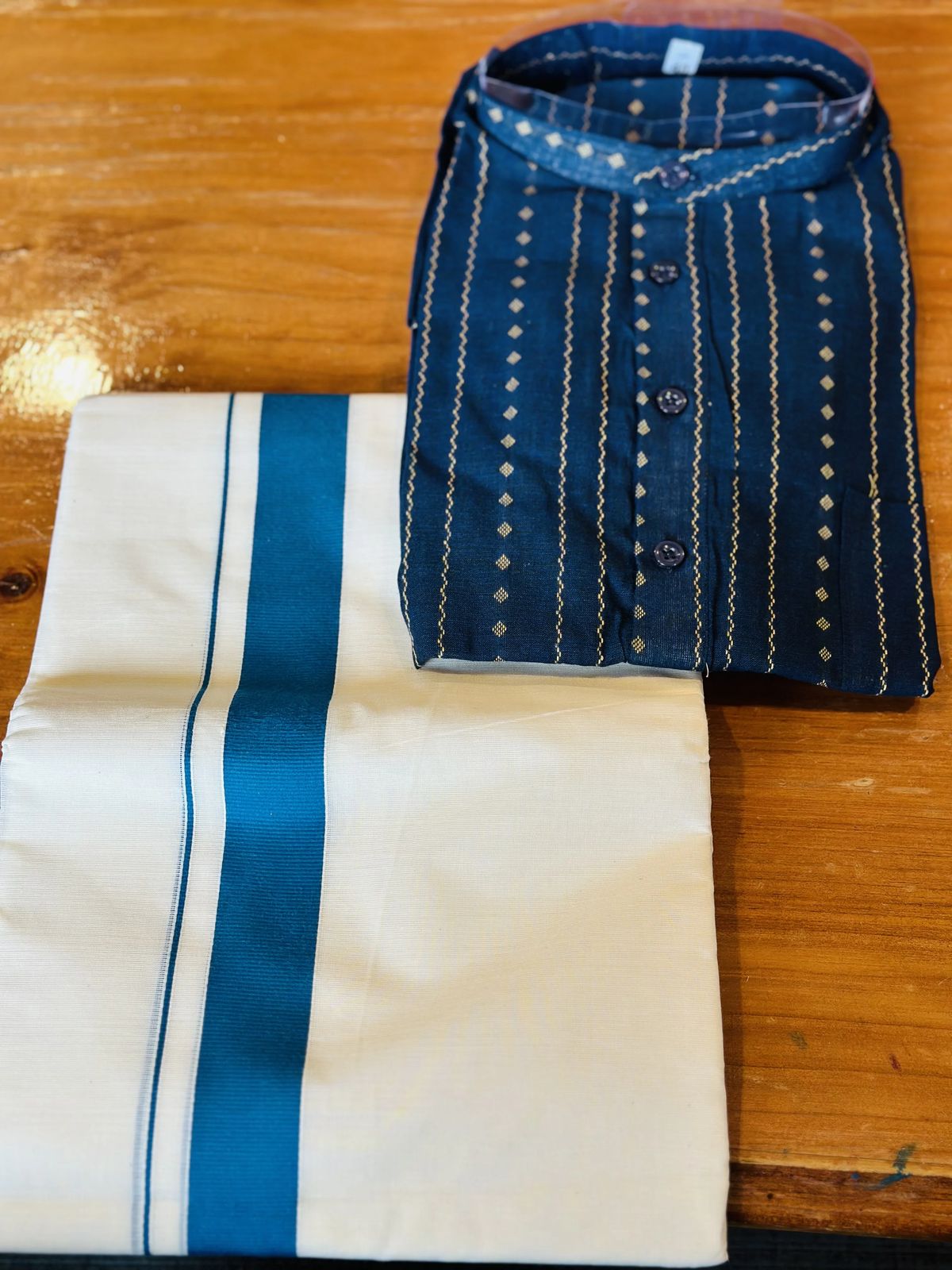 Blue and Gold Printed Kurta with White and Blue Striped Mundu - Image 2