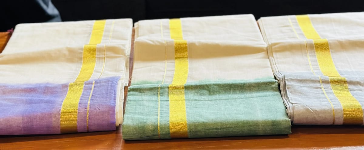 White and Teal Kasavu Mundu with Gold Zari Border. Mundu only - Image 4