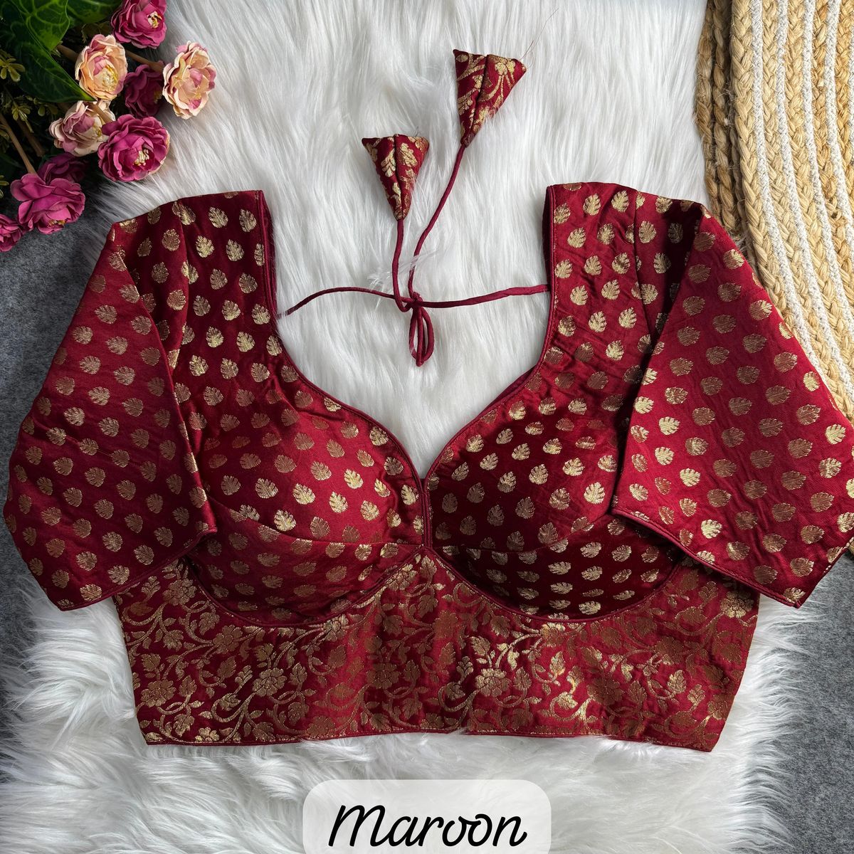  Maroon Brocade Blouse with Gold Buta and Floral Motifs