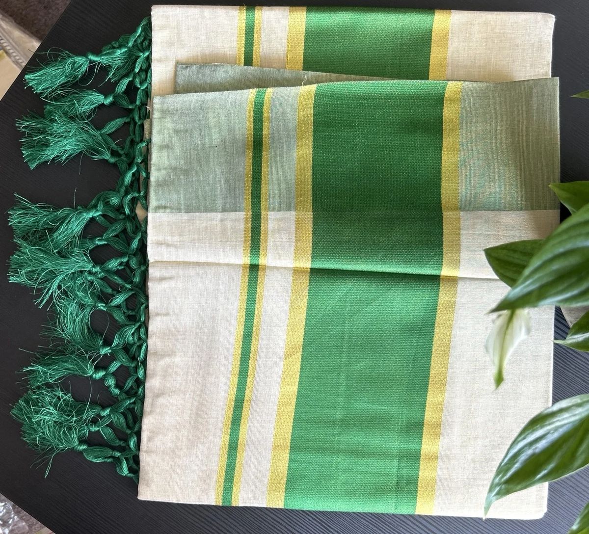 White, Green, and Yellow Striped Kasavu Saree with Green Tassels - Image 3