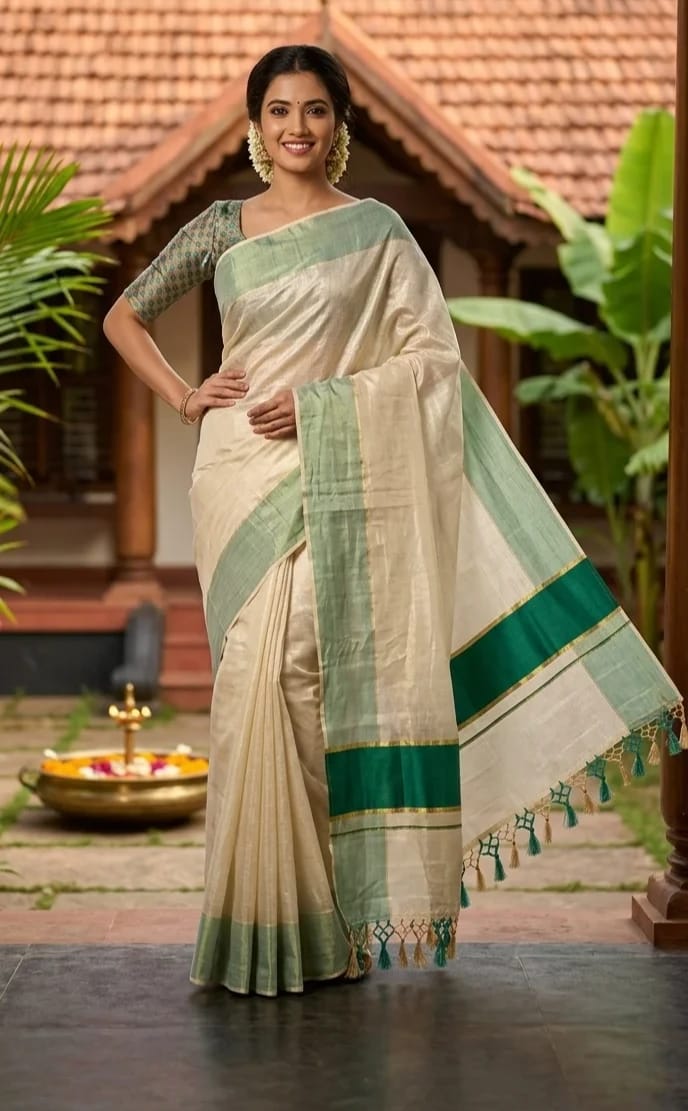 White, Green, and Yellow Striped Kasavu Saree with Green Tassels