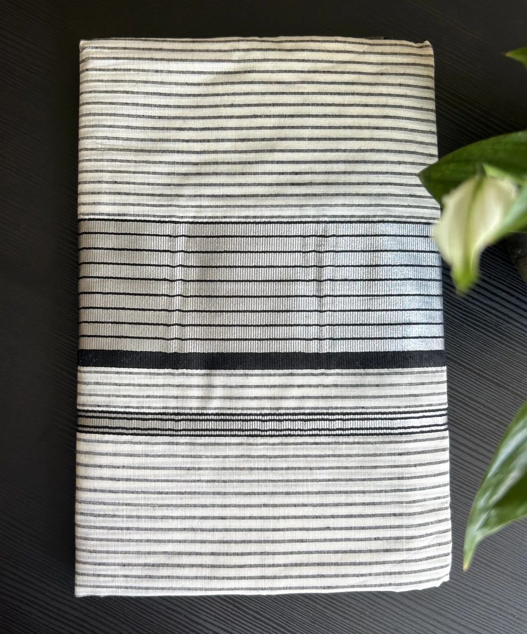  White and Black Striped Kasavu Saree with Silver Zari Details - Image 2