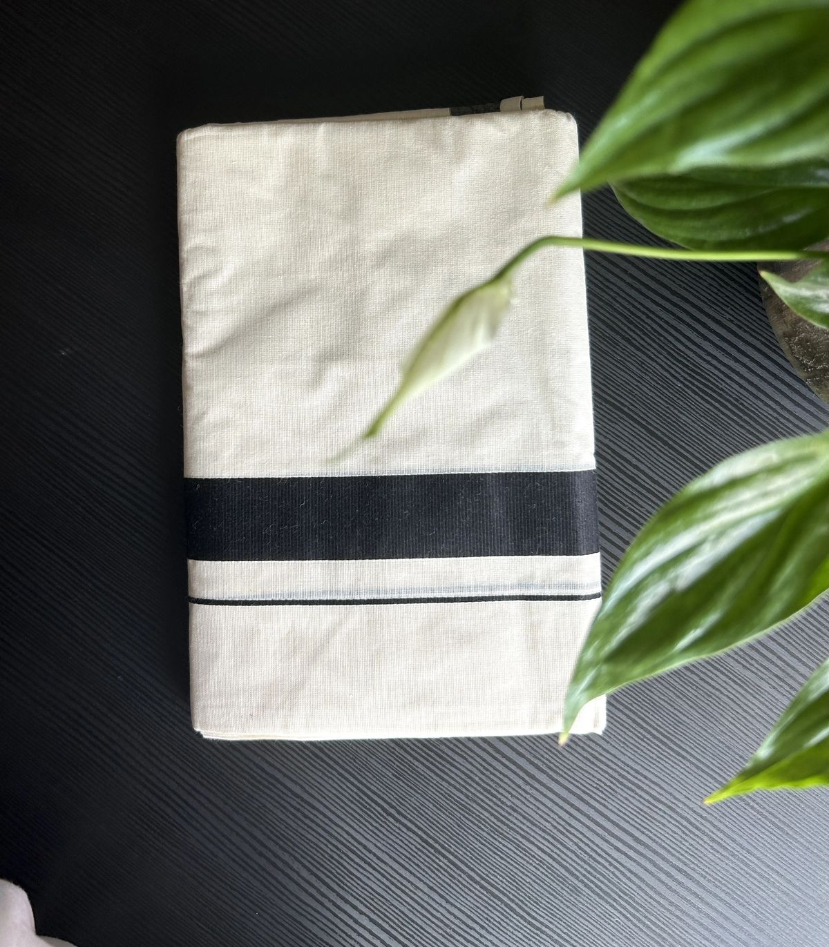 White Kasavu Mundu with Black Zari Border and Stripes. Mundu only - Image 2