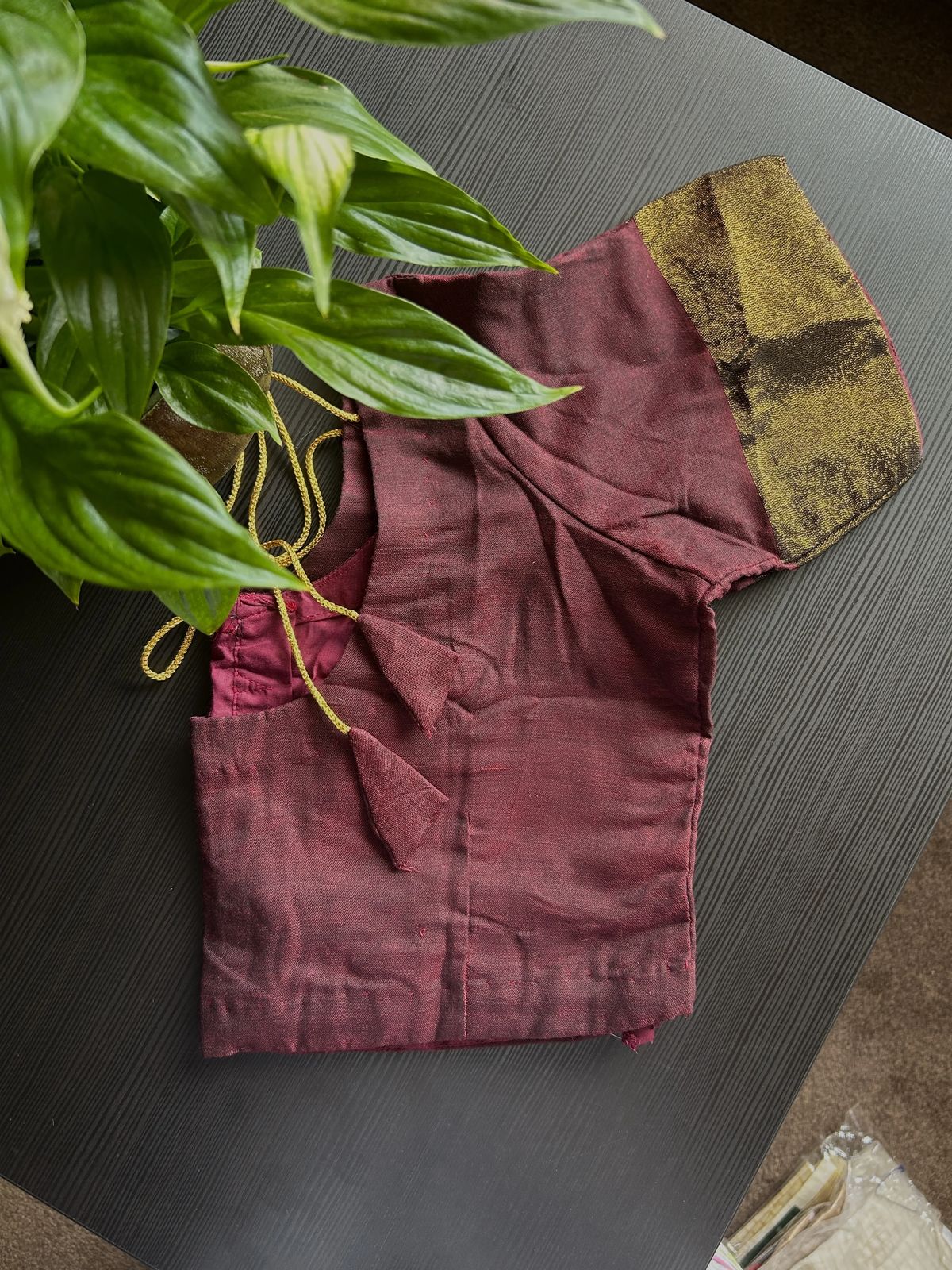  Maroon and Gold Kasavu Saree with Black Tassels and Stitched Blouse - Image 4