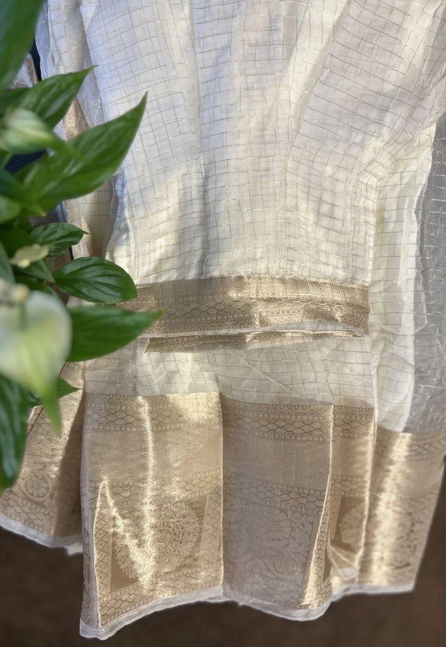  Red Brocade Blouse with Gold Diamond Motifs and White and Gold Brocade Skirt - Image 2