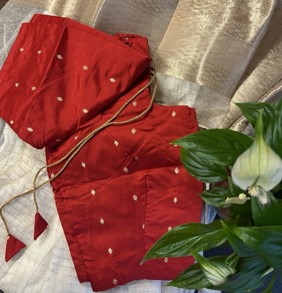  Red Brocade Blouse with Gold Diamond Motifs and White and Gold Brocade Skirt