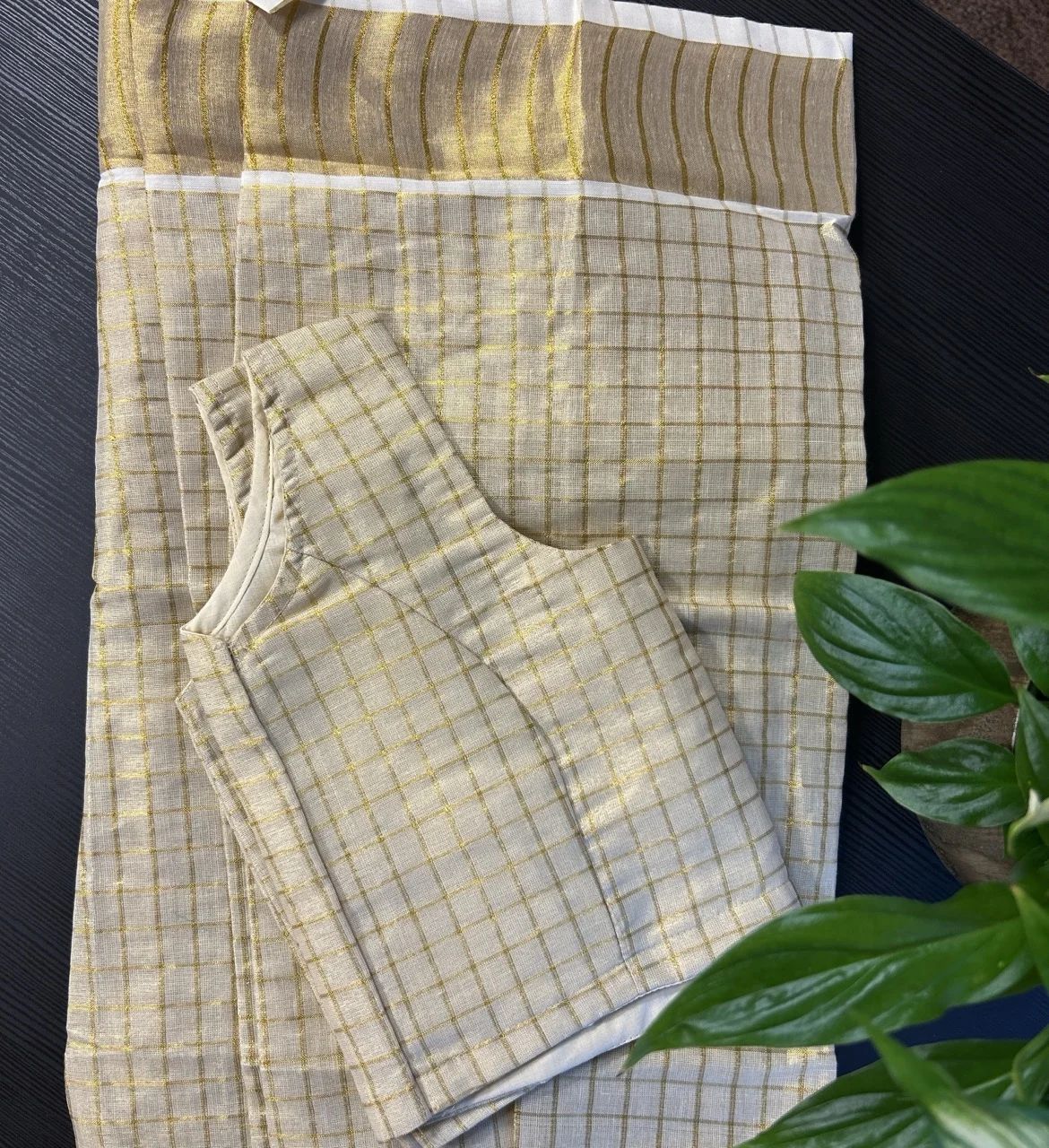 Kids Cream and Gold Checked Blouse with Cream and Gold Checked Skirt