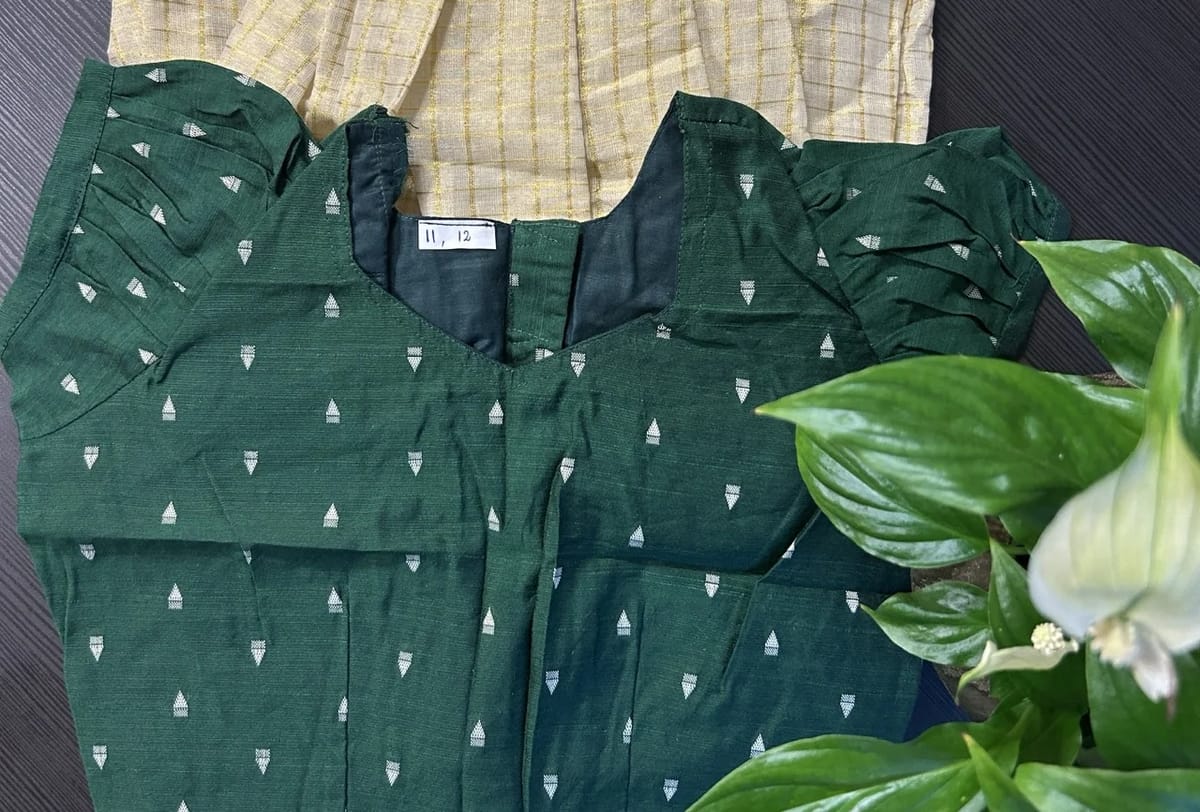 Kids Green Embroidered Top with Ruffled Sleeves and Cream and Gold Checked Skirt - Image 2