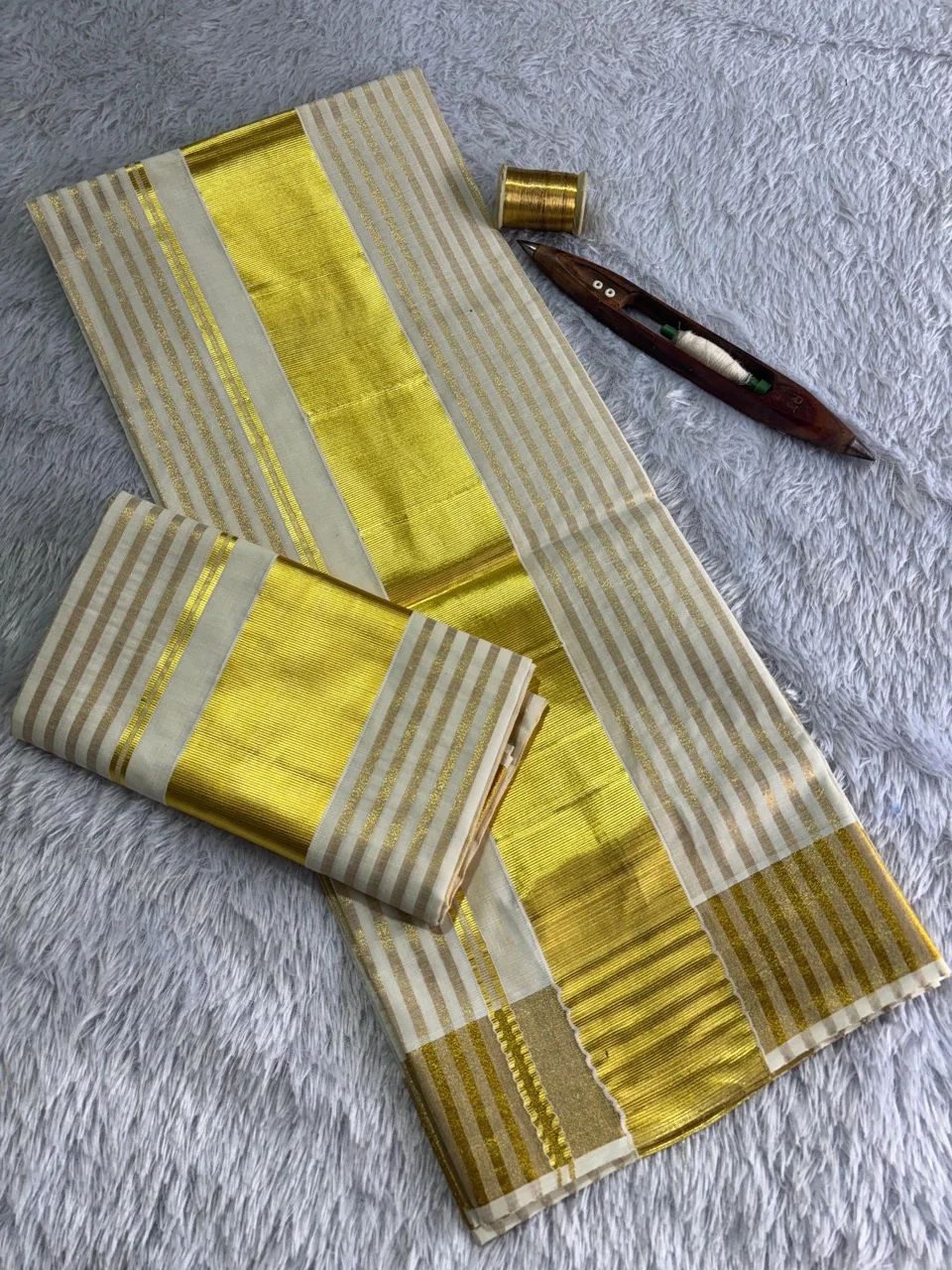 Gold-Striped and Broad Gold-Bordered Single Set Mundu - Image 2