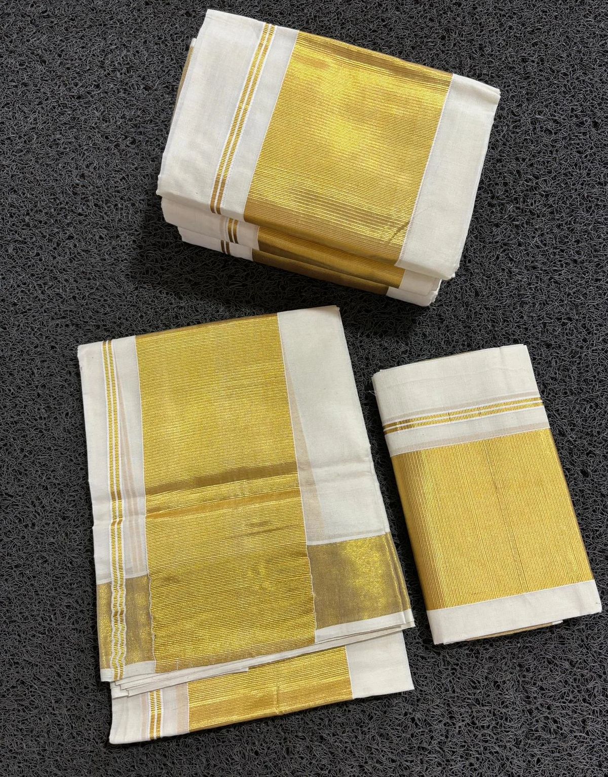 White and Gold Kerala Kasavu Set Mundu with Striped Border - Image 2