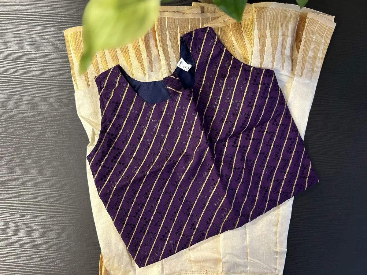 Kids Purple and Gold Striped Blouse and Cream Skirt with Gold Zari Border - Image 2