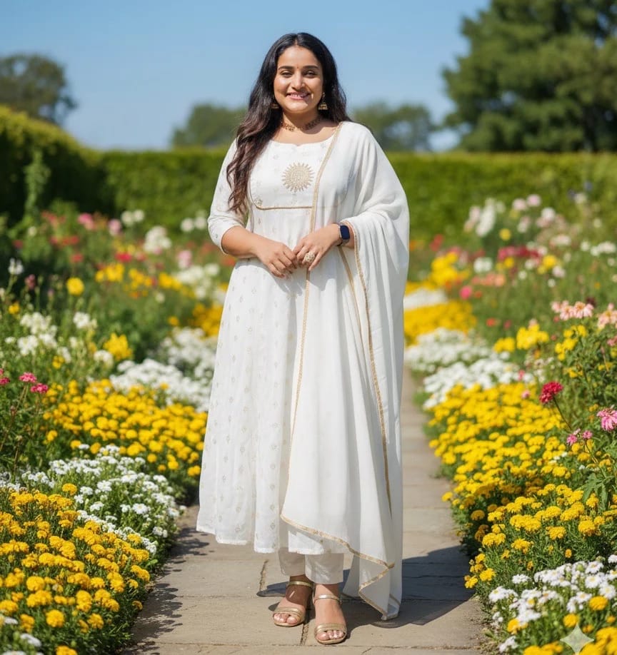  White Anarkali with Gold Floral Motifs and Zari Border - Image 2