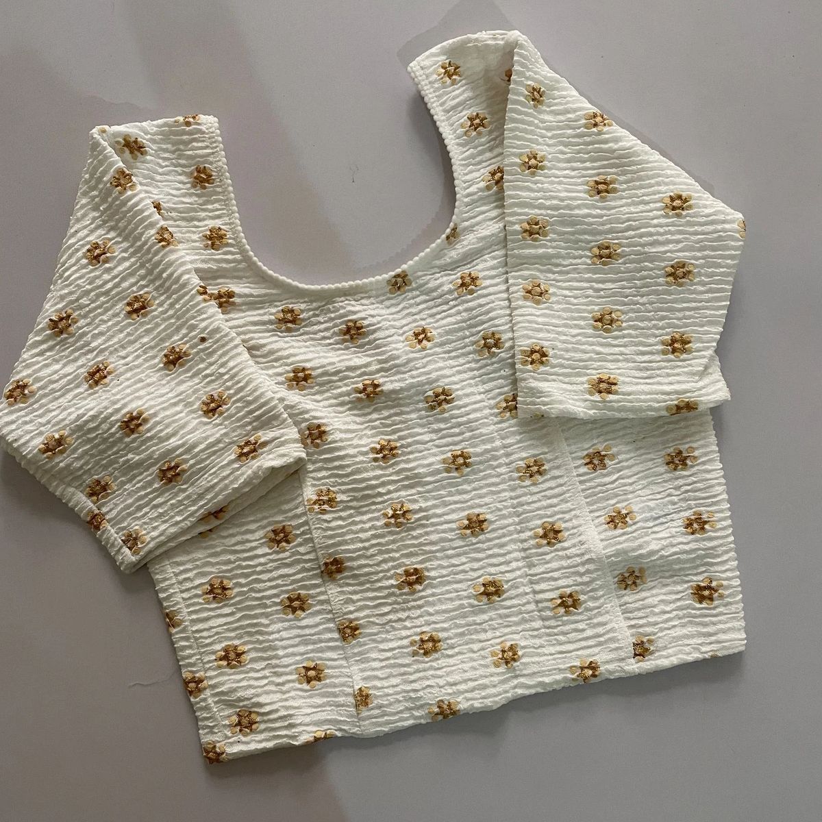 White Textured Stretchable Blouse with Gold Floral Motifs - Image 2