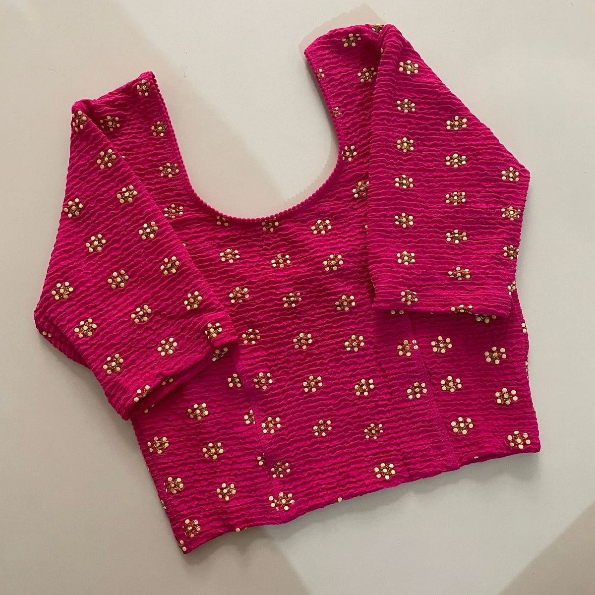 Hot Pink Textured Stretchable Blouse with Gold Floral Motifs - Image 2