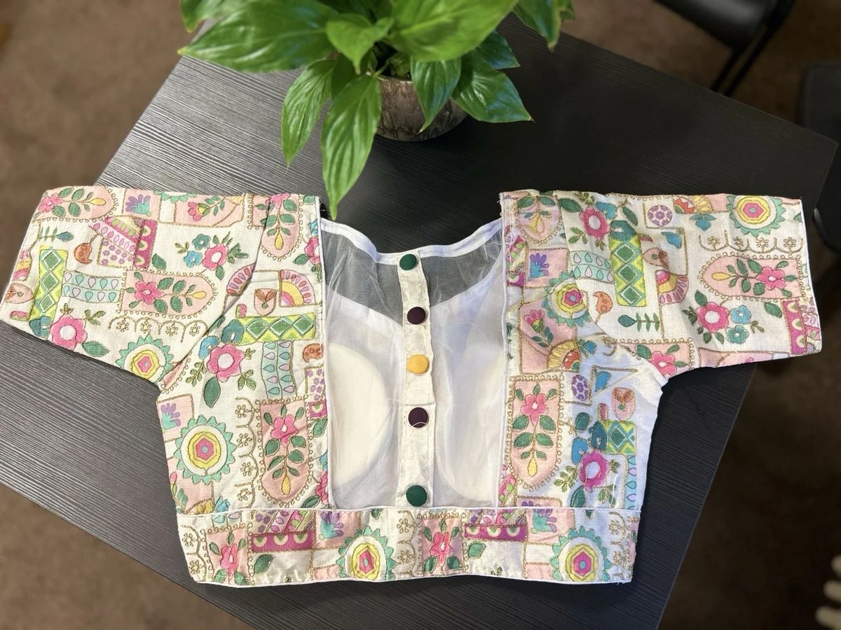 Colorful Printed Brocade Blouse with Floral and Abstract Patterns - Image 4