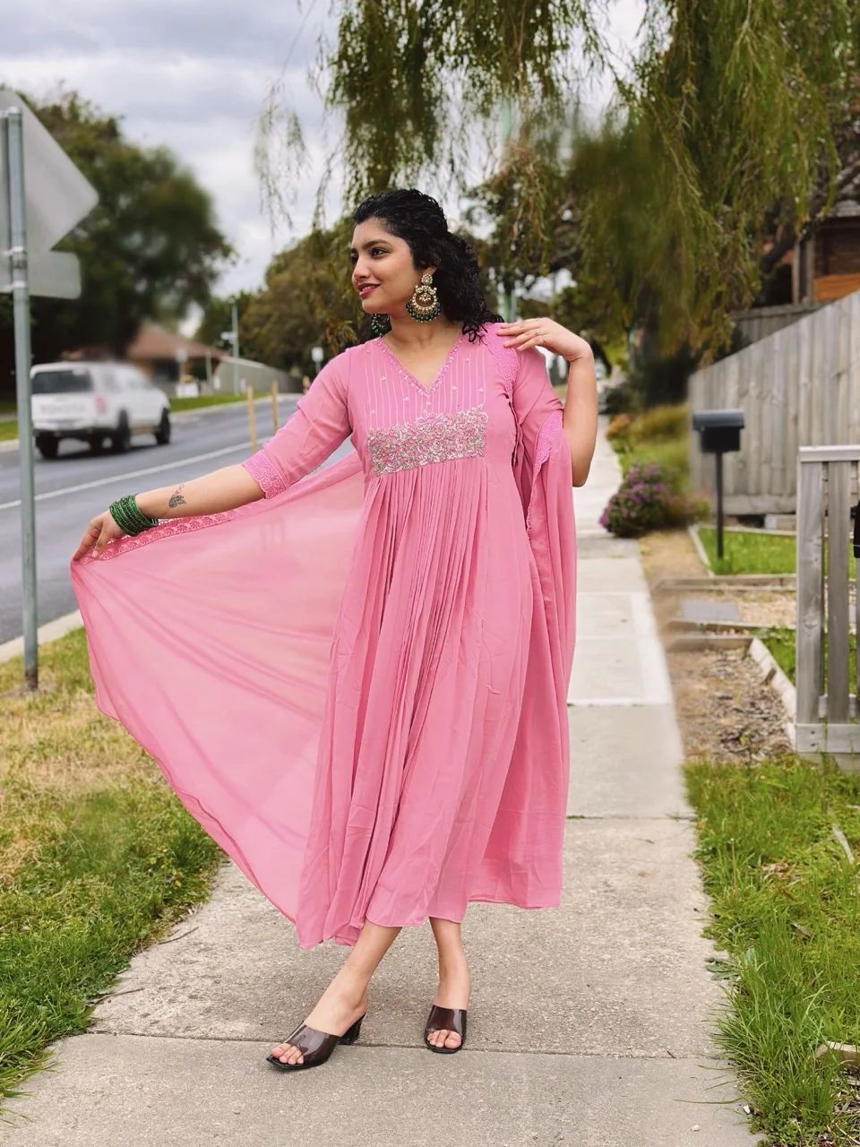 CLARA - Pink Anarkali Kurta with Silver and Green Embroidered Yoke