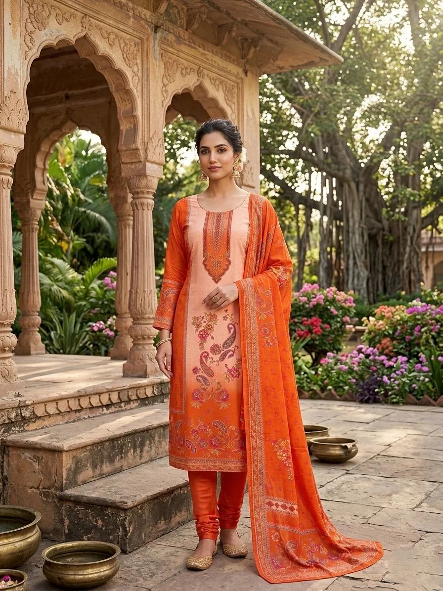  REKHA - Bright Orange and Peach Chinon Salwar Suit - Image 2