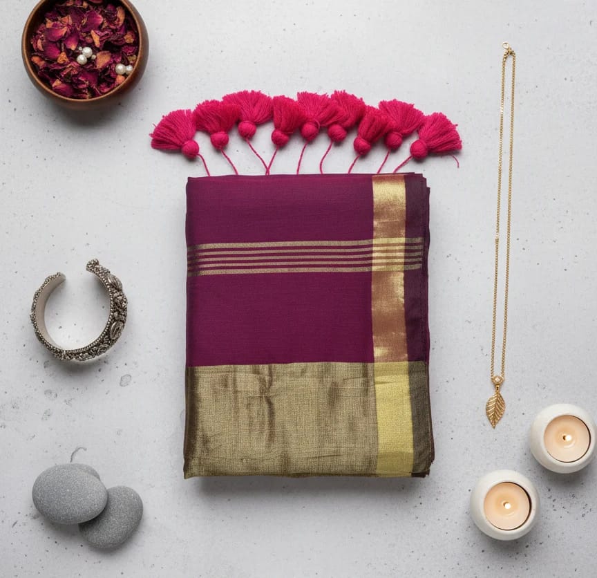Deep Wine Colored Mulcotton Saree featuring a traditional Broad Gold Zari Border - Image 2