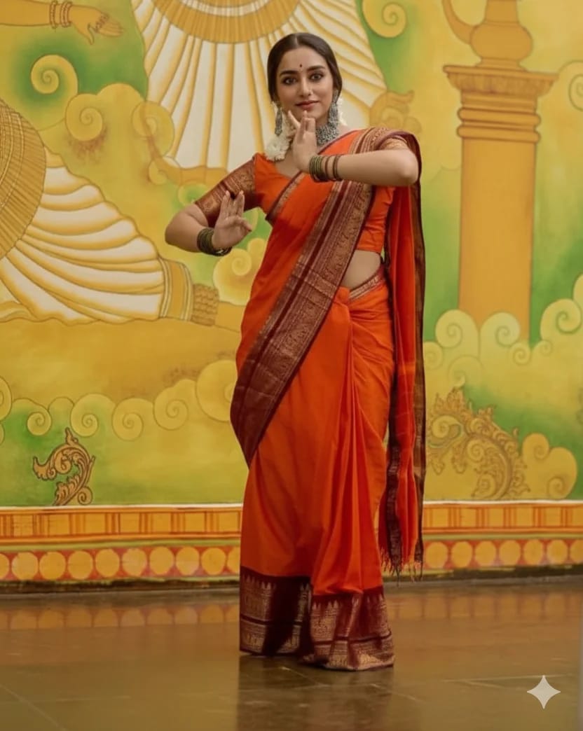 Bright Orange Kanchi Cotton Saree with Maroon & Gold Zari Border