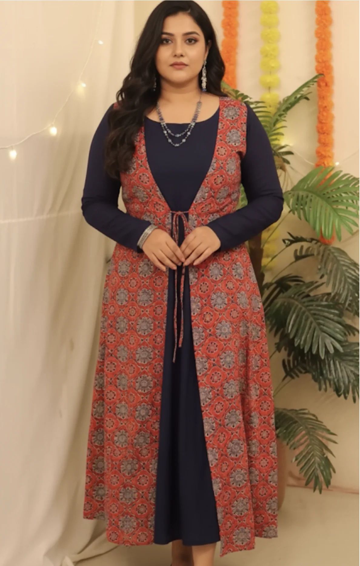 Navy Blue Dress with Rust Print Shrug