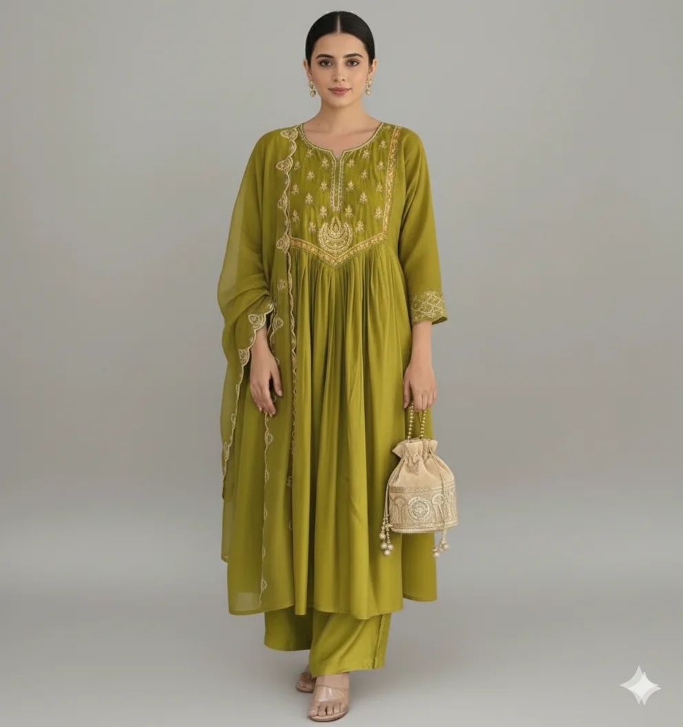 Olive Green Mul Chanderi Anarkali Suit with Sequin Work - Image 2