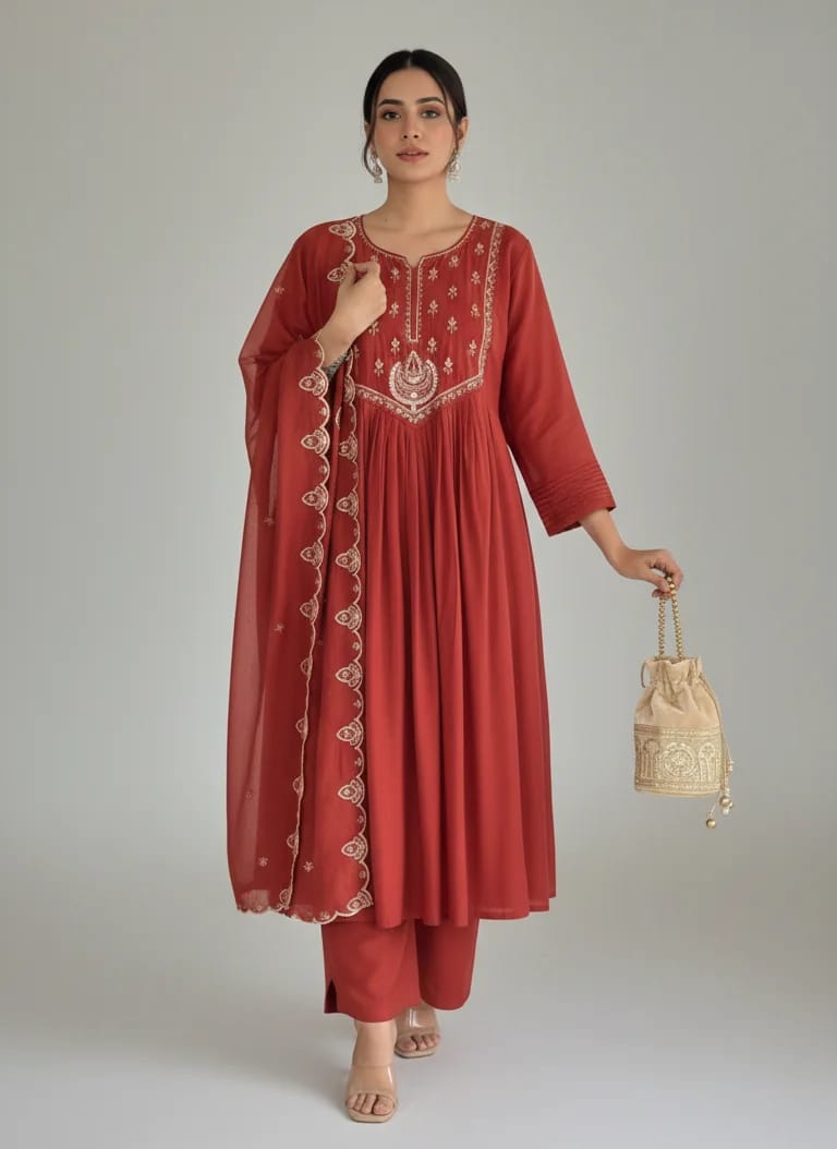 Rust Red Mul Chanderi Anarkali Suit with Sequin Work - Image 4