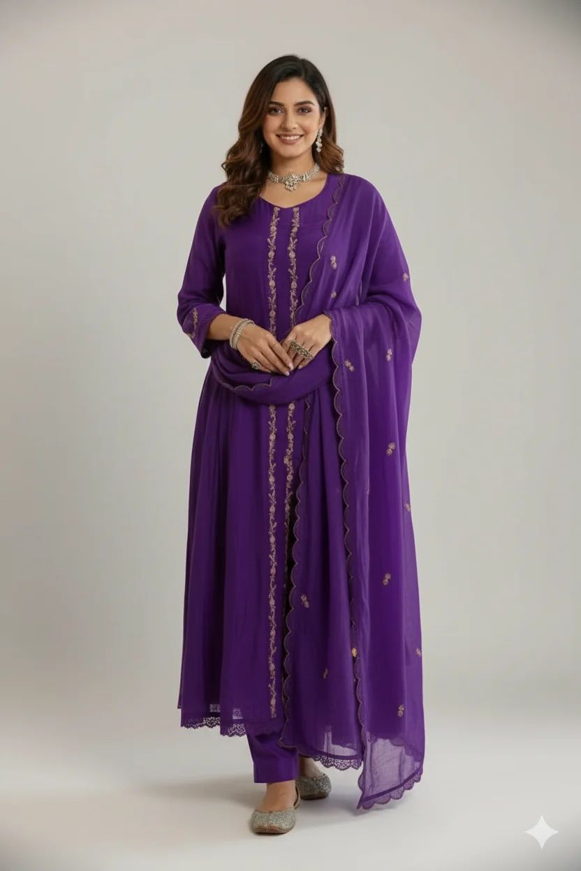 Ivory Mul Chanderi Salwar with Gold Sequin Yoke purple colour 