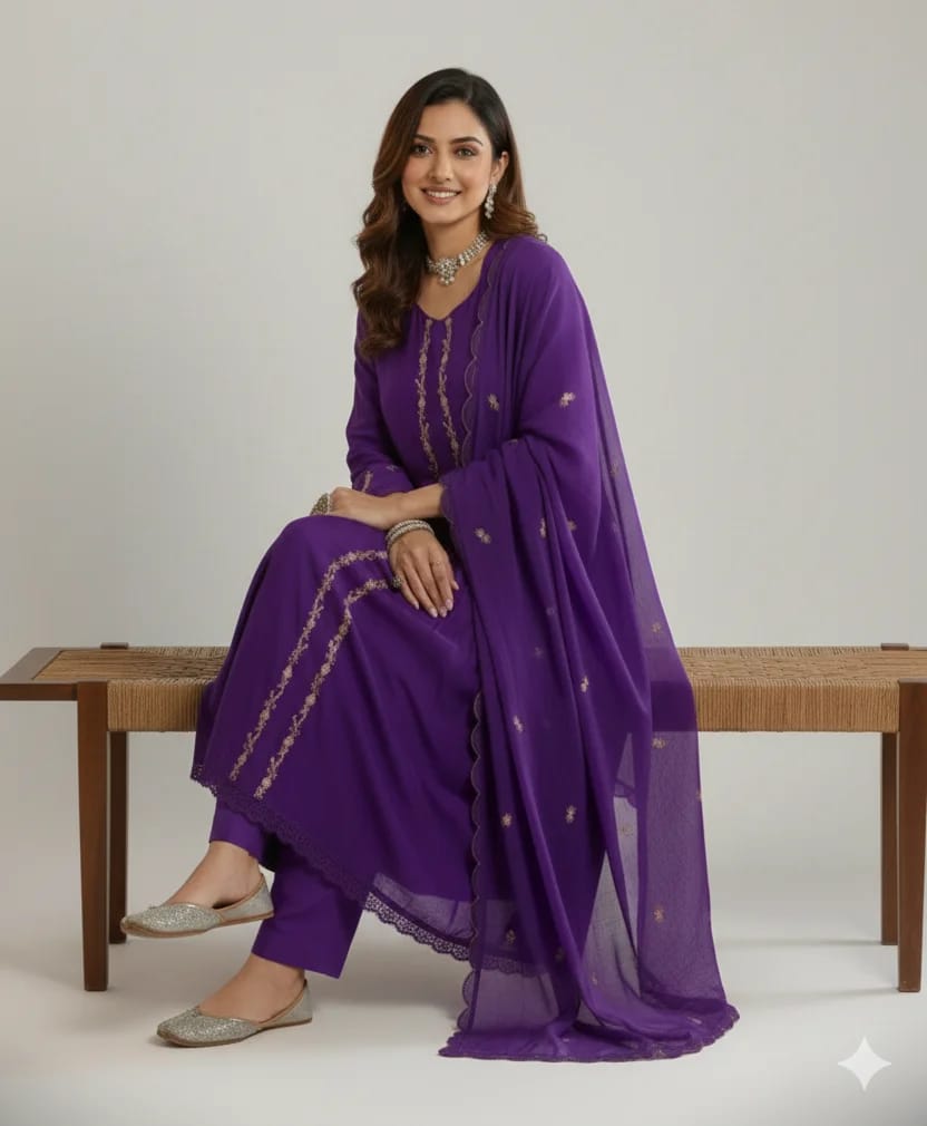 Ivory Mul Chanderi Salwar with Gold Sequin Yoke purple colour  - Image 2